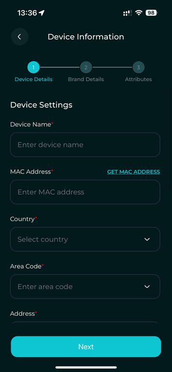 Add new device, enter the device name and tap GET MAC ADDRESS