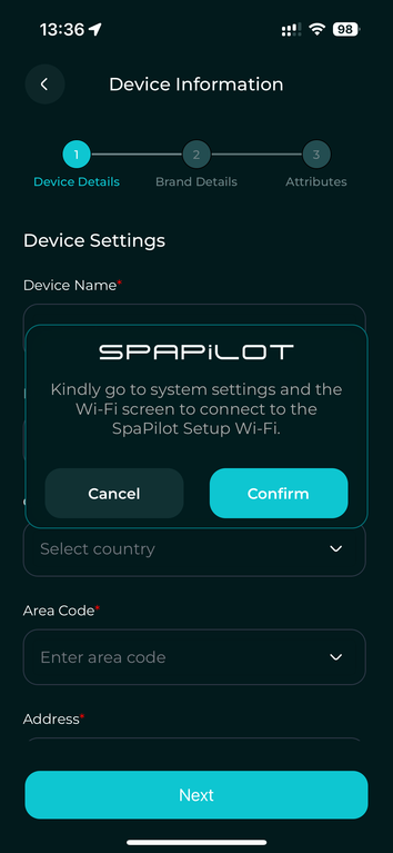 Connect to the SPAPILOT SETUP WI-FI network, no password needed