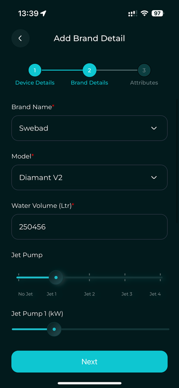 Spa setup, brand, model, volume, and pump details