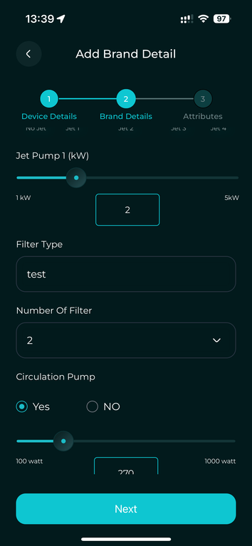 Spa setup, filter type, filter count, and circulation pump