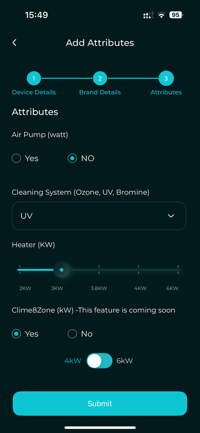 Spa setup, cleaning system, heater kW, and Microsilk
