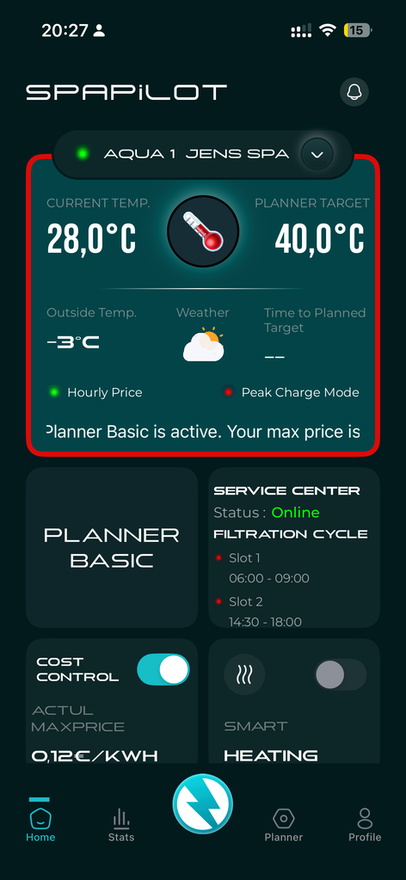 The Spapilot home screen after setup is complete