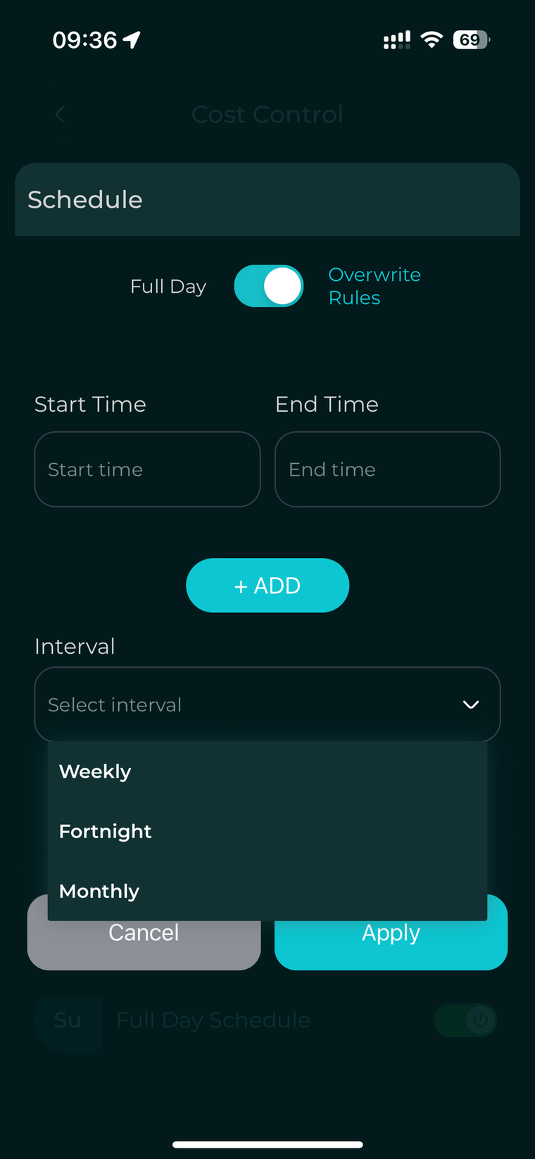 Schedule pop-up, full day or specific time and interval