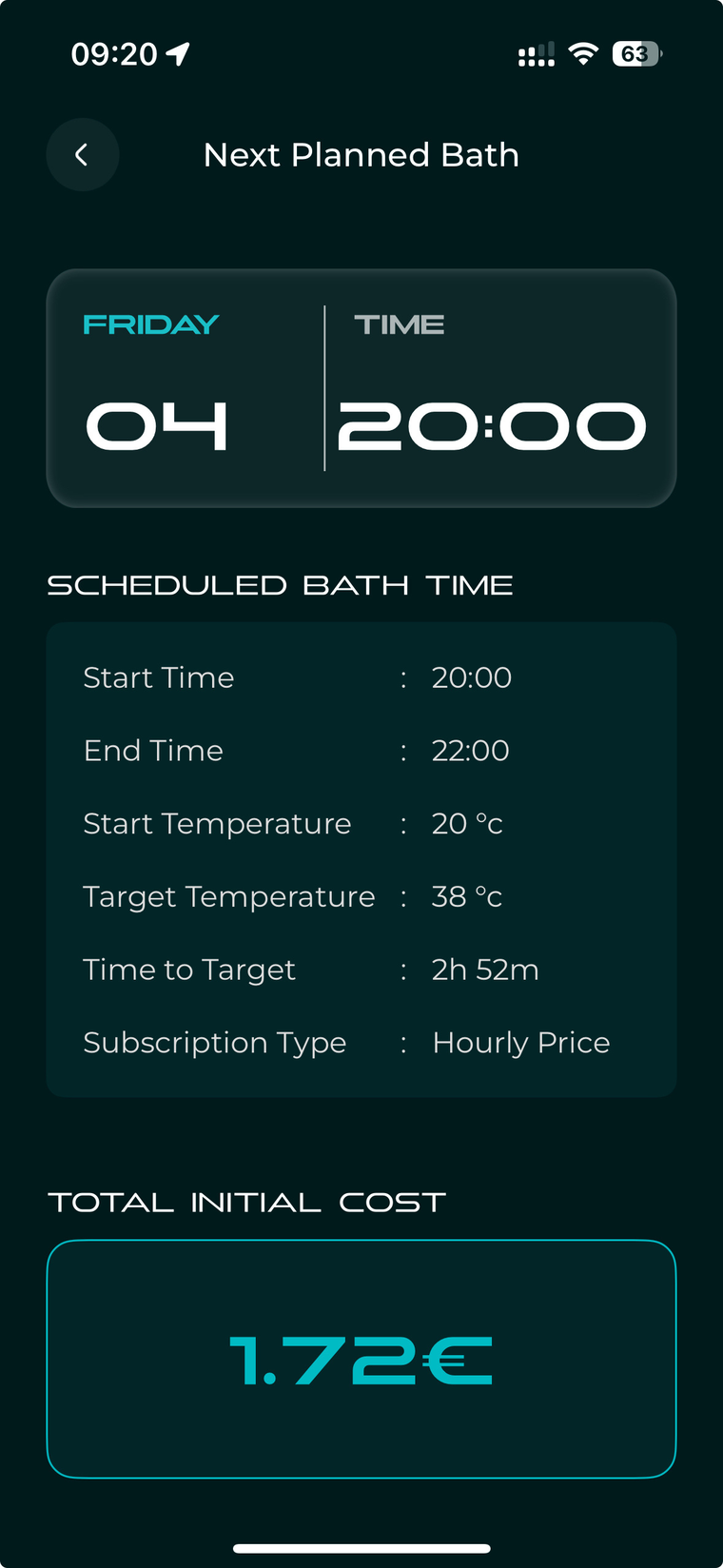 Next Planned Bath, scheduled time and temperatures